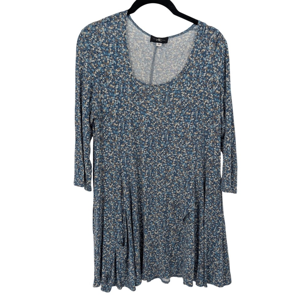 Andria Lieu Tunic Dress Small Blue Floral Scoop Neck 3/4 Sleeve Pockets USA